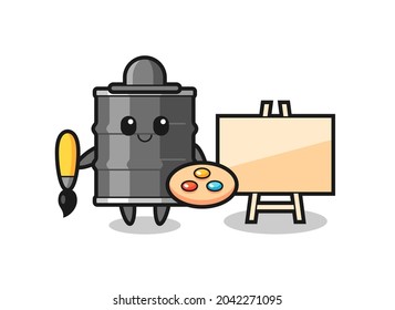 Illustration of oil drum mascot as a painter , cute design