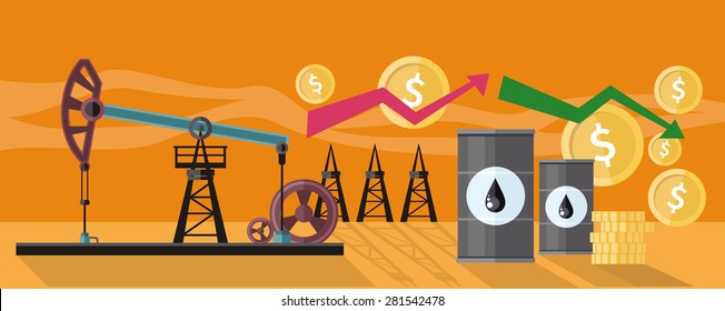 Illustration of oil production. Graphic changes in oil prices on the oil pump yellow field background. For web banners, promotional materials, presentation templates