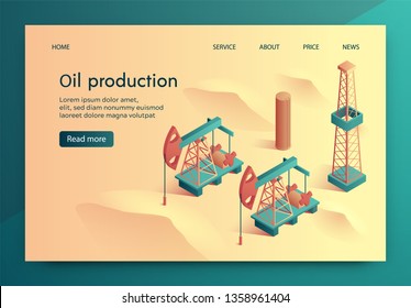 Illustration Oil Production Isometric Lettering. Drilling Special Portable Equipment. Design Provides Free Access to Face Geophysical Instruments and Deep Equipment. Landing Page 3d.
