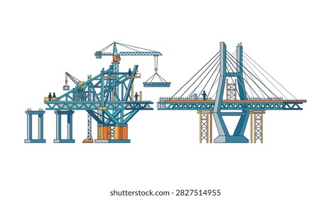 Illustration of oil rig and cable-stayed bridge under construction.