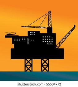 Illustration of an Oil Rig with a sunset background.  Background can be changed or removed.
