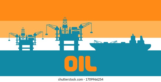 Illustration of oil sea platform and tanker. Industrial and business landscape background.