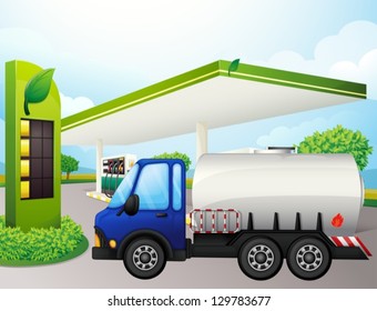 Illustration of an oil tanker in front of a gasoline station