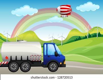 Illustration of an oil tanker passing the hills with windmills