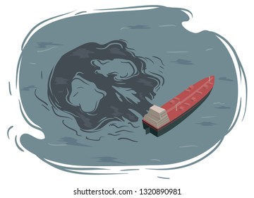 Ilustração de um navio petroleiro com derramamento de petróleo em forma de crânio