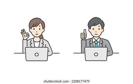 Illustration of an OK pose of an office worker using a personal computer.