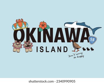 Illustration of Okinawa."OKINAWA" sign, Shisa, whale shark, hibiscus, etc.