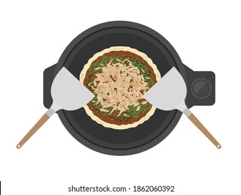 Illustration of okonomiyaki baked on a hot plate.