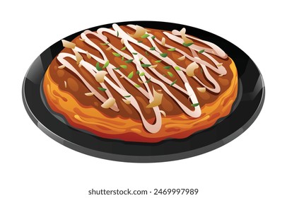Illustration of okonomiyaki drizzled with sauce and garnished on a black plate. Japanese food vector isolated on white background