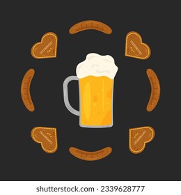 Ilustración del festival de cerveza Oktoberfest. Cerveza, salchichas, galletas tradicionales. Oktoberfest, en un fondo oscuro. Vector eps 10.