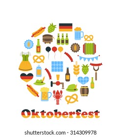 Illustration Oktoberfest Colorful Symbols in Round Frame, Isolated on White Background - Vector