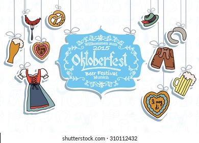 ilustración del conjunto de elementos de Oktoberfest. Cartel vectorial del Festival de Cerveza. Ilustración del diseño del festival bávaro sobre fondo texturado. Tipografía con letras azules y blancas para logotipo, afiche, tarjeta