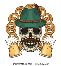 Illustration for oktoberfest. Skull in Tyrolean hat, with pretzels and beer