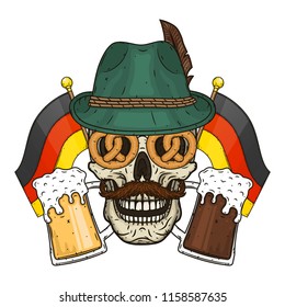 Illustration for oktoberfest. Skull in Tyrolean hat, with pretzels and beer