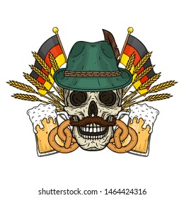 Illustration for oktoberfest. Skull in Tyrolean hat, with ears of wheat and glass of beer