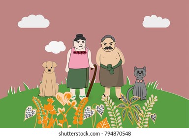 Illustration of old age couple stand on the garden with cat and dog.