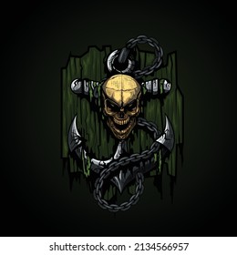 Illustration of an old anchor with a skull on it twisting with an iron chain. T-shirts or tattoos graphics.
