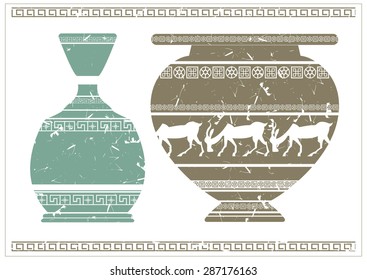 Illustration of old ancient vases with meanders and animals