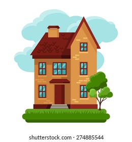 Illustration of old brick cottage on clouds background.