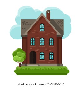 Illustration of old brick cottage on clouds background.