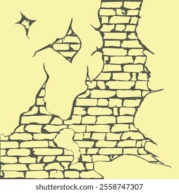 Illustration of an old brick wall with cracked, peeling plaster, for the design of backgrounds, interiors, scenes and views in an old vintage style