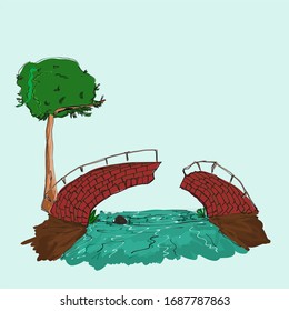 ilustración de un viejo puente hecho de ladrillos rojos derrumbados 