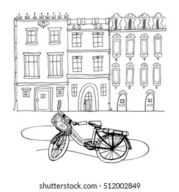 Illustration with old building and woman bicycle with basket, line style.