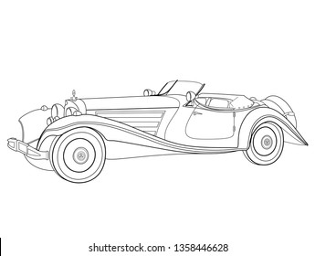 An illustration of an old car in black and white. A historic vehicle, a veteran, is the inspiration for the modern world.