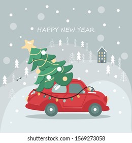 Illustration with an old car vising a Christmas tree. New Year's card.