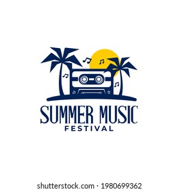 Illustration Of An Old Cassette In The Beach With A Retro Style. Summer Music Festival Logo.