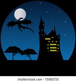 Illustration of Old castle and dragon in moonlight, silhouettes