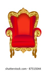 illustration old chair red with gold ornament on white