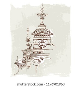 Illustration with the old church. Sketch. Freehand drawing
