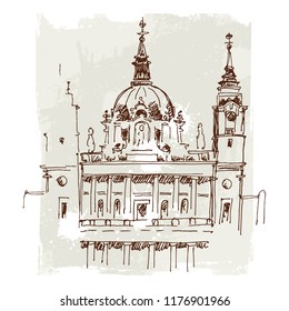 Illustration with the old church. Sketch. Freehand drawing
