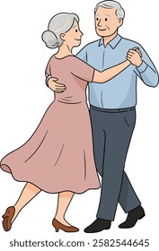 Illustration of an old couple dancing, isolated on white background