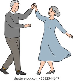 Illustration of an old couple dancing, isolated on white background