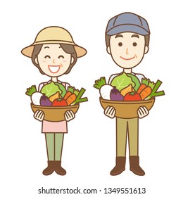 Illustration of an old couple holding vegetables