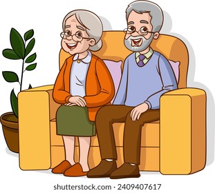 Illustration of an Old Couple Sitting in an Armchair While Looking at the Camera