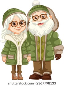 Illustration of an old couple wearing glasses, beanie hat, and Parka fur jacket for the cold winter