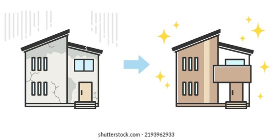 Illustration of an old, dingy house and a clean, renovated house