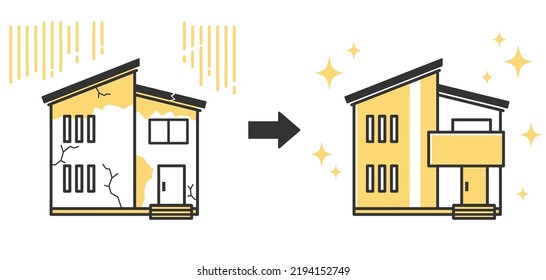 Illustration of an old, dingy house and a clean, renovated house