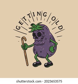 illustration of old eggplant carrying a stick