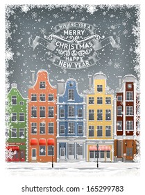 Illustration of old european town, at winter, with greeting label, EPS 10, contains transparency.