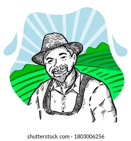 Illustration of an old farmer with cowboy hat on his farm created with hand drawing style. Suitable for your dairy or agriculture product label.