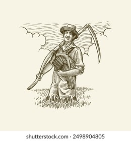 illustration of old farmer harvesting wheat in engraving style