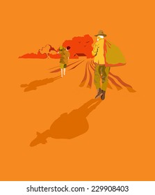 An illustration of an old farmer and the young boy helping him to deliver wheat sacks from farm field to the house. Old farmer and the young boy in the farm field