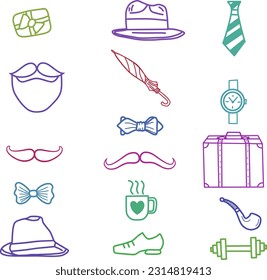 Illustration of old fashion gentleman accessories set with hats, pipes umberella and cane doodle style black abstract and set of vintage collection fashion elements and vector. 