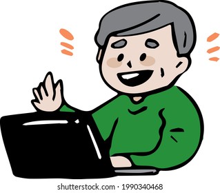 Illustration of an old father using a computer