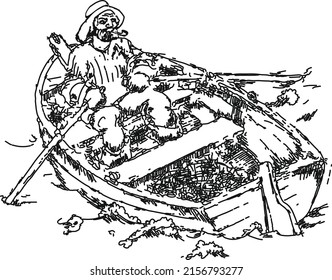 Illustration of old fiherman man, sailing in the boat, sea-dog. Line art drawn style. Black and white.