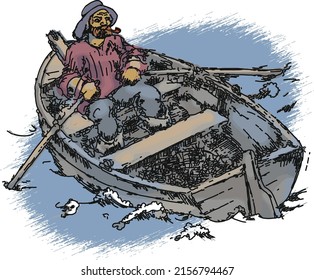 Illustration of old fiherman man, sailing in the boat, sea-dog. Line art drawn style.